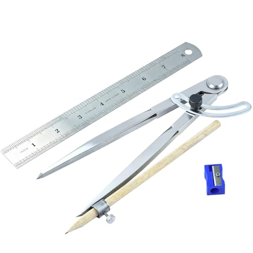 8-Inch Professional Woodworking Compass Geometry with Wing & Pencil Holder — Includes 8" Ruler and Pencil Sharpener Perfect for Accurate Circles, Layouts, and Geometric Designs