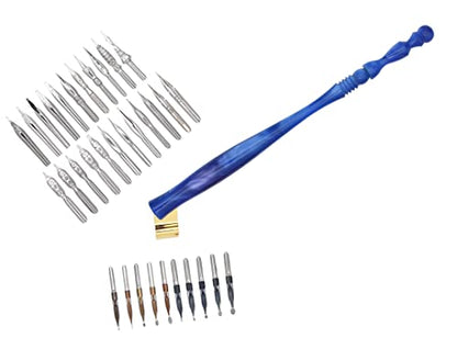 Gullor Oblique Calligraphy Dip Pen Nib Holder, Removable Nib Pen Handle Stand with 33 Nibs, Blue - color: Blue