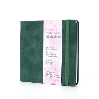 Square 100% Cotton Watercolor Paper Sketchbook, 140 LB, Cold Press - color: Deep Green, size: 6"x6"