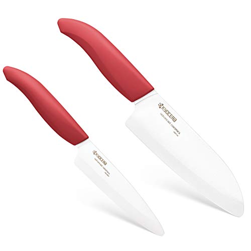 Kyocera Revolution Series 2-Piece Ceramic Knife Set: 5.5-inch Santoku Knife and a 4.5-inch Utility Knife, Red Handles with White Blades | KYOCERA Revolution Ceramic Knife Duo: 5.5” Santoku & 4.5” Utility Blades for Precise Slicing, Trimming, and Daily Mea