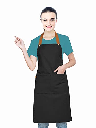 Kitchen Bib Apron with Pockets, Women Men Adjustable Neck Strap Water Resistant Apron for Chef Artist Waiter - color: Black