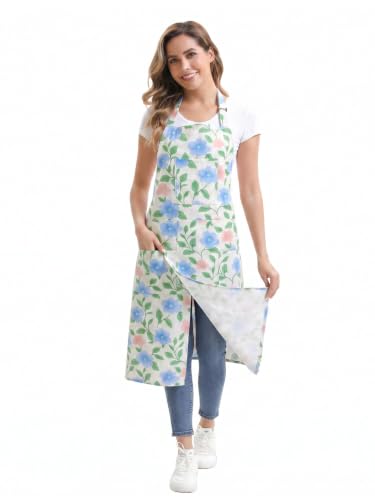 Nanxson Pottery Apron Split Leg with 3 Pockets & Adjustable Buckle | cotton material,Long apron,adjustable waist tie,for Pottery Ceramic Wheel DIY Art Garden - color: Blue Flower