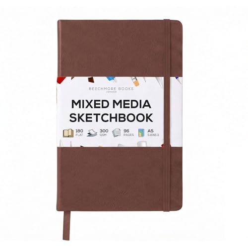 Beechmore Books A5 5.8x8.3 Mixed Media Sketchbook 300 GSM/140LBS | Heavyweight Vegan Leather Hardcover, 96 Pages Art Journal, Art Supplies for Paintings, Gouache, Watercolor & Ink - color: Chestnut Brown, size: A5 - 5" x 8" Medium