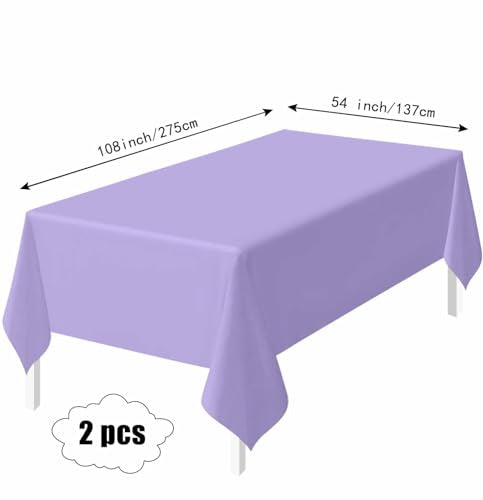 HEIPINIUYE 2 Pack Light Purple Tablecloth Disposable 54 x 108 Inch Lavender Plastic Table Cloth Disposable Waterproof Rectangle Table Cover for Party Birthday Camping Picnic Tablecloths - color: Lavender Tablecloth Plastic, size: 2 Pack