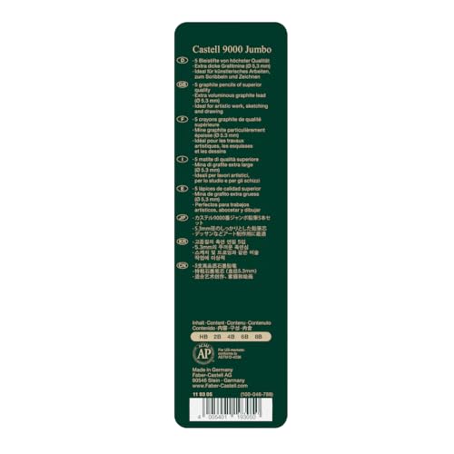 Faber-Castell 5 Piece Quality Castell 9000 Jumbo Graphite Pencils in a Tin, Including HB, 2B, 4B, 6B and 8B,Black