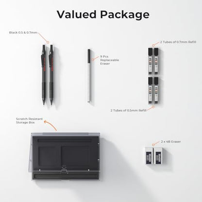 Nicpro 2 PCS Mechanical Pencil 0.5mm & 0.7 mm with Case | MP1000 Metal Artist Pencil Set with 4 Tubes HB Lead Refills, 2 Erasers, 9 Eraser Refills For Writing Drafting, Sketch, Black - color: Black