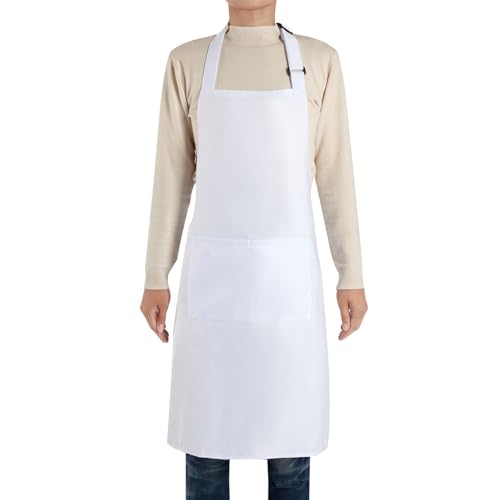 2 Pack Kitchen Cooking Aprons, Adjustable Bib Soft Chef Apron with 2 Pockets for Men Women - color: White