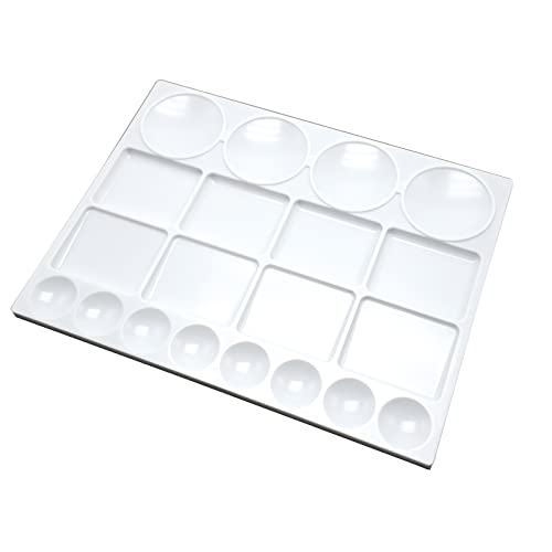 Palette for Watercolors, Oil & Acrylic Paints, Mix & Separate Colors, White, Art 20 Wells, 13” x 10” 4 slated Squares, 4 Squares, 4 Large circulars, and 8 Small Circular Wells for All Levels