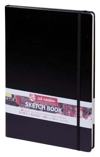 Talens Art Creation Sketchbook, 140 GSM/90 lbs, Black, 8.27 x 11.69 in | Hard-Bound Notebook, 80 Sheets Acid-Free Cream Blank Paper, Ribbon Bookmark and Elastic Closure - size: 21×30cm