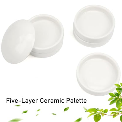 2 Pack Ceramic Watercolor Palette 5 Layers Mixing Trays Set Round Porcelain Watercolor Palettes Sauce Dishes with Lid for Gouache Pigment Chinese Ink Mixing (White)