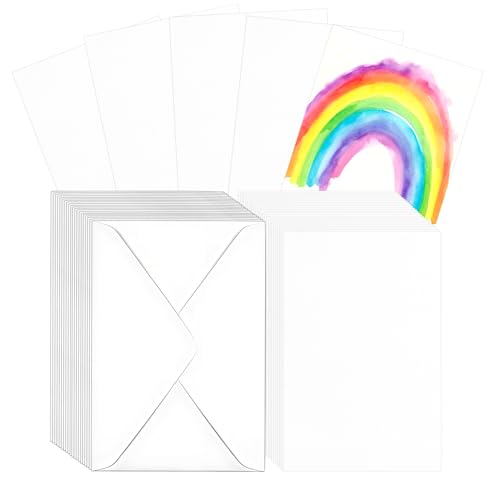 50 Sets Pure Watercolor Cards with Envelopes, 140lb/300GSM Cotton Watercolor Paper Cards,Used for Art and Painting Creative Thank-You Letters, 5x7 inch - size: 5 x 7in