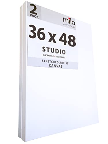 milo Stretched Artist Canvas, 36x48 inch, 2 Pack, 3/4” inch Profile | 15 oz Gesso Primed Large Canvases, Studio Wrapped, Blank White Cotton, Ready-to-Paint Art Supplies for Acrylic, Oil, Tempera