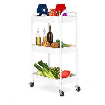 3-Tier Rolling Cart, Metal Utility Storage Carts with Wheels,White | Multi-Functional Organizer Snack Cart Easy Assembly - color: White