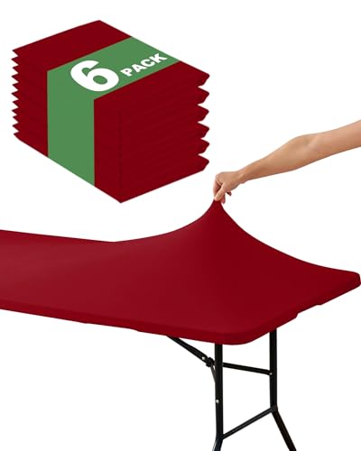 KeyWave Fitted Tablecloth Rectangle Table Cloths - 6 Pack 8 Foot Elastic Stretch Folding Table Top Cover Water-Resistant Reusable for Outdoor Picnic Camping Party Event, Red, 96" L x 30" W - color: Red, size: 8 ft - 6 Pack