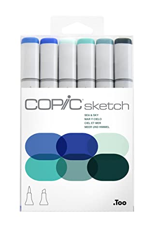 Copic Sketch Alcohol Markers, 6 Color Dual Tip Art Marker Set – Blendable Brush Tips for Drawing, Sketching, and Illustration – Professional Set for Adults/Teen Artists & Creators - Sea & Sky - color: Sea & Sky