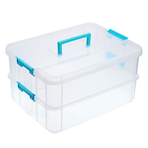 JUXYES 2-Tiers Plastic Stack Carry Storage Containers Box wih Handle Lids | Clear Stackable Latching Craft Storage Bin for School Office, Organizing Stationery, Sewing, Art Craft, DIY Supplies, Blue - color: Blue