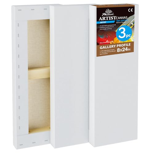 PHOENIX 8x24 Inch 3 Pack Gallery Canvas -1.5 in Thick Long Skinny Canvases for Painting - Deep Edge 100% Cotton 11 Oz. Gesso Primed White Blank Professional Canvas Oil & Acrylic Paints - size: 8"x24", style: Gallery