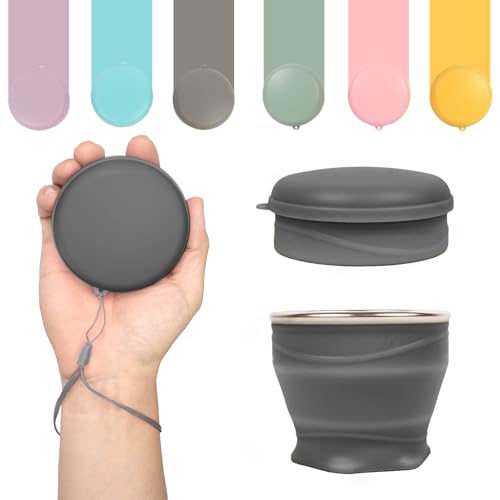 Collapsible Cup with Lid - 6oz Mini Silicone Folding Travel Cup with Steel Rim - BPA Free Small Portable Pocket Cup for Camping, Hiking, Kids, Mouthwash & Pills (Mystic Gray) - color: Mystic Gray