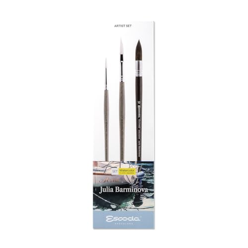 Escoda | Watercolour | Artist Set Julia Barminova | Size 6,1/4,12 | 3 Brushes | Synthetic White Toray + Tendo | Round Pointed + Dagger Striper + Round mop - color: Julia Barminova, size: Artist Set