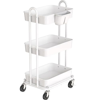 Simple Houseware 3-Tier Rolling Utility Cart with Hanging Bucket, White - color: White, size: 3-Tier