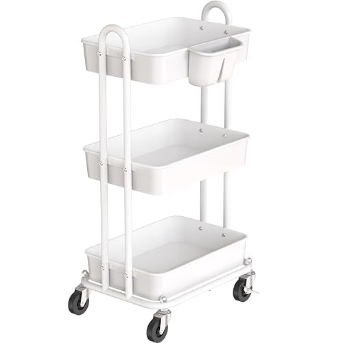 Simple Houseware 3-Tier Rolling Utility Cart with Hanging Bucket, White - color: White, size: 3-Tier