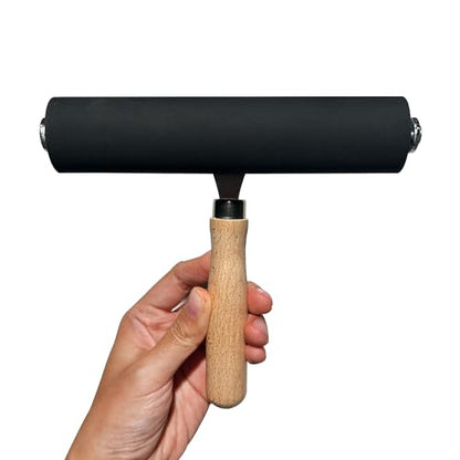 Soft Rubber Brayer – 45A Durometer Printmaking Roller, 6 Inch, for Gel Printing, Linocut & Block Printing, Heavy-Duty Steel Frame with Wood Handle - size: 6 in