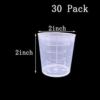 30 Pcs Plastic Graduated Cups, 60ml/2oz Clear Scale Cups | Transparent Experiment Measuring Cup with 50 Pcs Wooden Stirring Sticks for Epoxy, Resin, Stain, Mixing Paint - size: 60 milliliters