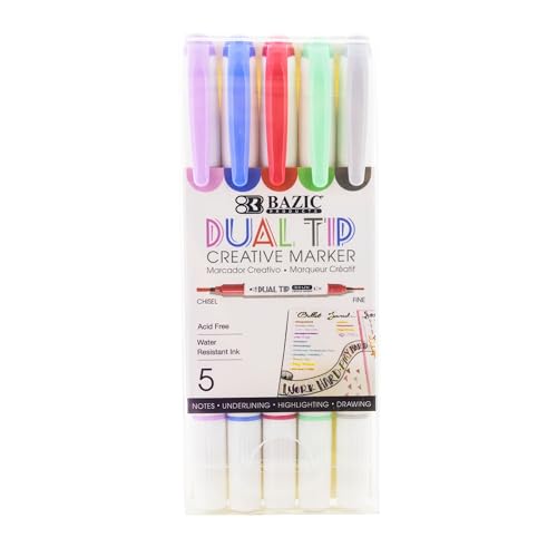 BAZIC PRODUCTS Dual-Tip Creative Markers, Chisel & Fine, 5 Colors | acid-free, water-resistant, non-toxic, ASTM D-4236, art, lettering - color: Classic Set, size: 1-Pack