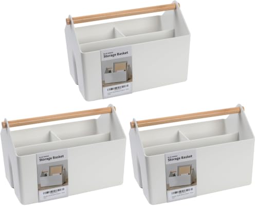 BLUE GINKGO Medium Storage Basket – Plastic Caddy with Wooden Handle for Office, Arts & Crafts, or Home Supplies (White) (Pack of 3) - color: WHITE, size: Medium (Pack of 3)