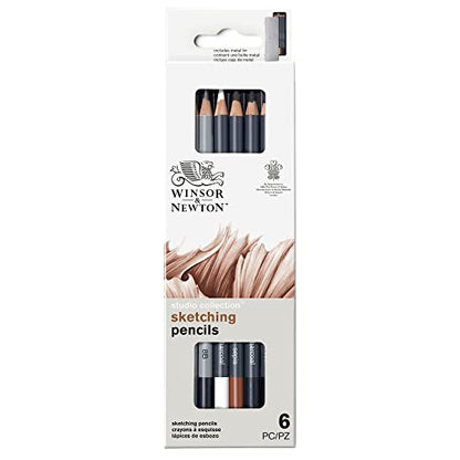 Winsor & Newton Studio Collection, Sketching Pencils, Set of 6 | Soft, Thick Core pencils, Varied Hardness, Soft Smooth Texture, Easy Blending, Stylish Metal Tin Included, High Quality Lead - style: 6 Sketching Pencils