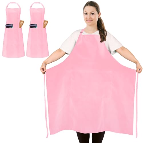 2 Pack Plus Size Waterproof Cooking Chef Apron with 2 Pockets for Men Women | Extra Large Design, Adjustable Neck Straps, Long Waist Ties, Professional Bib Aprons for Kitchen, Grilling, Gardening, Baking - color: Pink