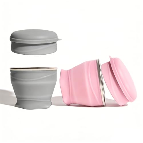 Collapsible Cup 2-Pack with Lids - 6oz Mini Silicone Folding Travel Cup with Steel Rim - BPA Free Pocket Cups for Camping, Hiking, Kids, Mouthwash & Pills (Gray & Pink) - color: Gray & Pink