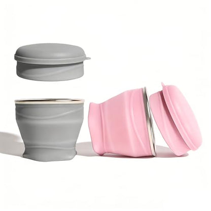 Collapsible Cup 2-Pack with Lids - 6oz Mini Silicone Folding Travel Cup with Steel Rim - BPA Free Pocket Cups for Camping, Hiking, Kids, Mouthwash & Pills (Gray & Pink) - color: Gray & Pink