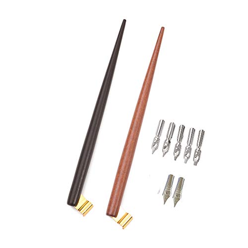 Professional Manga Gothic Pen Dip Pen Calligraphy Drawing Pen Kit, 2 Pen Holders Handles, 7 Nibs (2 Fountain Pen Nib, 5 Flat Nib) - Brown Wood and Redwood - color: Brown Wood and Redwood