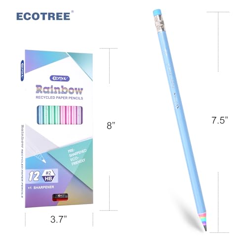 ECOTREE Pre-Sharpened Rainbow Pencils #2, Back to School Supplies, 12 Count | Cute Number 2 Pencils for Kids Students, Latex-Free Eraser, Eco Recycled Paper, Smooth Writing, Drawing, Fun Classroom Gifts