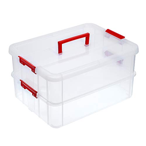 JUXYES 2-Tiers Plastic Stack Carry Storage Containers Box wih Handle Lids - color: Red