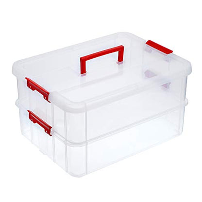 JUXYES 2-Tiers Plastic Stack Carry Storage Containers Box wih Handle Lids - color: Red