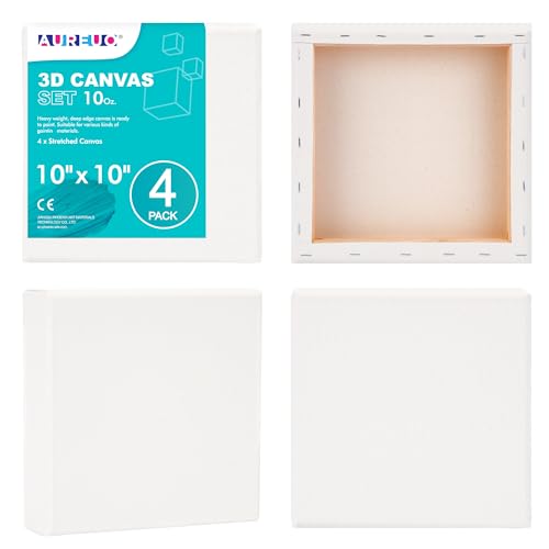 AUREUO 10x10 Inch Gallery Wrapped Canvas - 1.5 Inch Depth 4 Pack - 10 Oz Triple Gesso Primed 100% Cotton Square White Artist Canvases for Acrylic & Oil Paints - size: 10"x10" Gallery