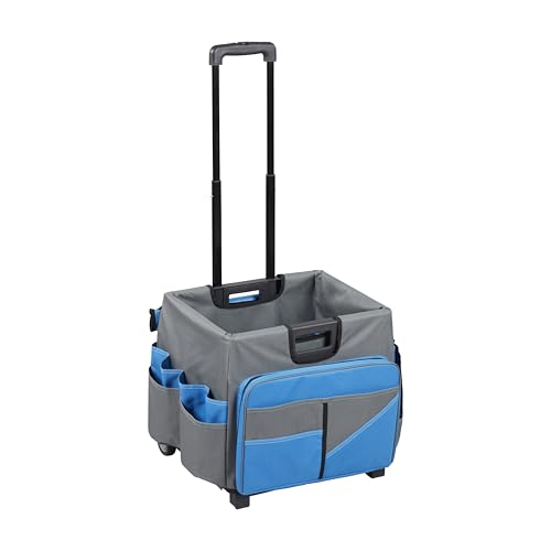 ECR4Kids Universal Rolling Cart with Canvas Organizer Bag, Mobile Storage, Blue/Grey | Durable plastic, 30 compartments, adjustable handle, 40 lb capacity, collapses to 3" thick, rolling wheels for easy transport - color: Blue