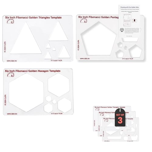 Fibonacci 6" 3-Piece Drawing Template Set, Golden Ratio Stencils | Australian Designed and Made; Pentagon and Hexagon; PETG - style: Set - 6" Triangle/Pentagon/Hexagon