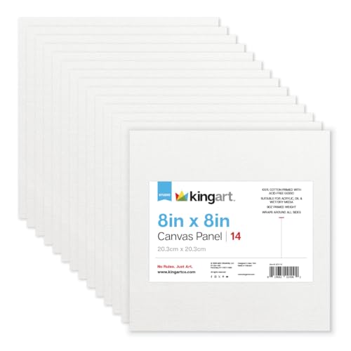 KINGART White Canvas Panel Set – Square, 8x8 Inch, 14-Pack – 100% Cotton, Pre-Primed Gesso Artist Boards for Acrylic, Oil, Sketching, & Mixed Media Painting - color: White, size: 8" x 8"