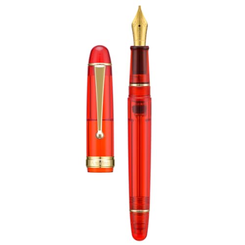 Asvine V126 Vacuum Filling Fountain Pen, Transparent Red Acrylic Stub Nib 1.1mm Calligraphy Art Drawing with Case Set - color: Transparent Red, style: Stub Nib