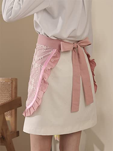 Unisex Chef Aprons White Retro Cotton Maid Short 2 Pockets Waist Waiter Waitress Half Apron - color: Pink-embroidered