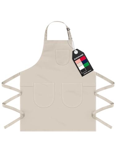Unisex Apron with Pockets for Cooking, Salon & Art - 100% Cotton Adult Kitchen, Chef, Stylist Apron (Beige) - color: Beige