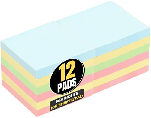 1InTheOffice Sticky Notes 3x3, Sticky Note Pads, Self-Stick Note Pads, Assorted Pastel Colors, 100-Sheet, 12/Pack