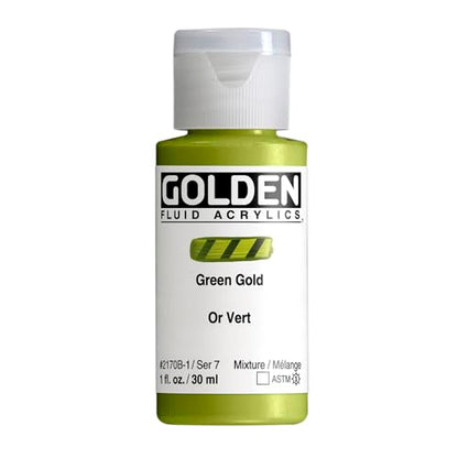 GOLDEN Fluid Acrylics, Green Gold, 1 fl. oz. Bottle | Artist grade acrylic paint with rich pigment load and a flowing constency useful for even coverage and fine details.