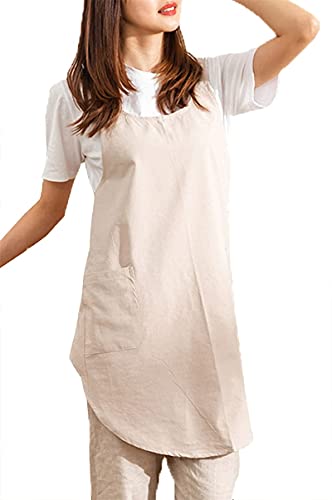 Cotton Cross Back Aprons Solid Color Cooking Kitchen Garden Smock for Women Girls with Pockets - color: Beige