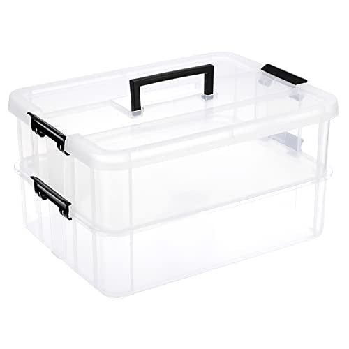 JUXYES 2-Tiers Plastic Stack Carry Storage Containers Box wih Handle Lids - color: Black