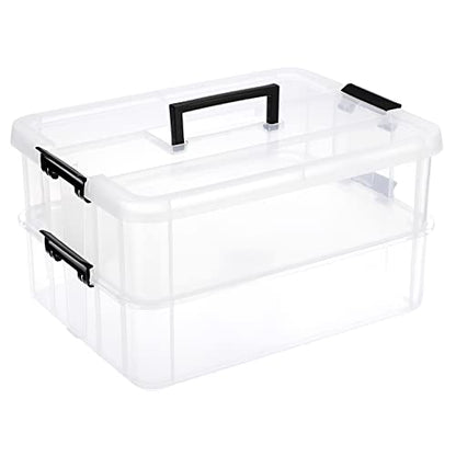 JUXYES 2-Tiers Plastic Stack Carry Storage Containers Box wih Handle Lids - color: Black