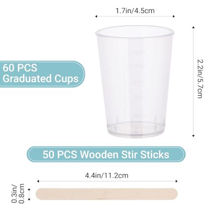 Resin Mixing Cups and Sticks, 110 Packs Epoxy Measuring Cups Kit - 60PCS 100ml Disposable Graduated Cups, 50PCS Wooden Stir Sticks for Mixing Paint, Stain, Epoxy, Resin - color: Clear cups+wooden stick, size: 50ml